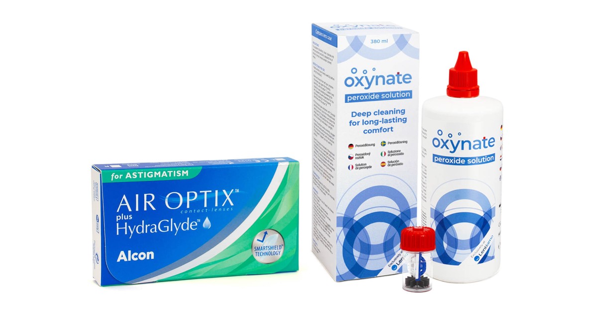 Air Optix plus Hydraglyde for Astigmatism (3 lenzen) + Oxynate Peroxide 380 ml met lenzendoosje