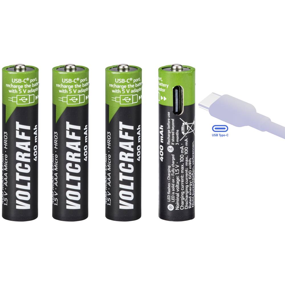 VOLTCRAFT VC-AAA400USB Oplaadbare batterij (USB-C) Li-ion 400 mAh 1.5 V 4 stuk(s)
