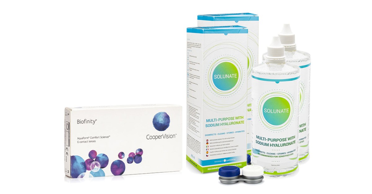 Biofinity CooperVision (6 lenzen) + 2 x Solunate Multi-Purpose 400 ml met lenzendoosje