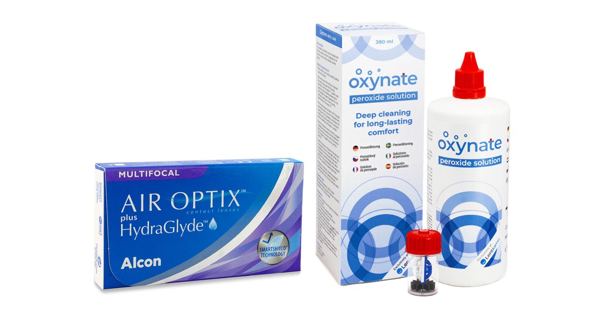 Air Optix Plus Hydraglyde Multifocal (6 lenzen) + Oxynate Peroxide 380 ml met lenzendoosje