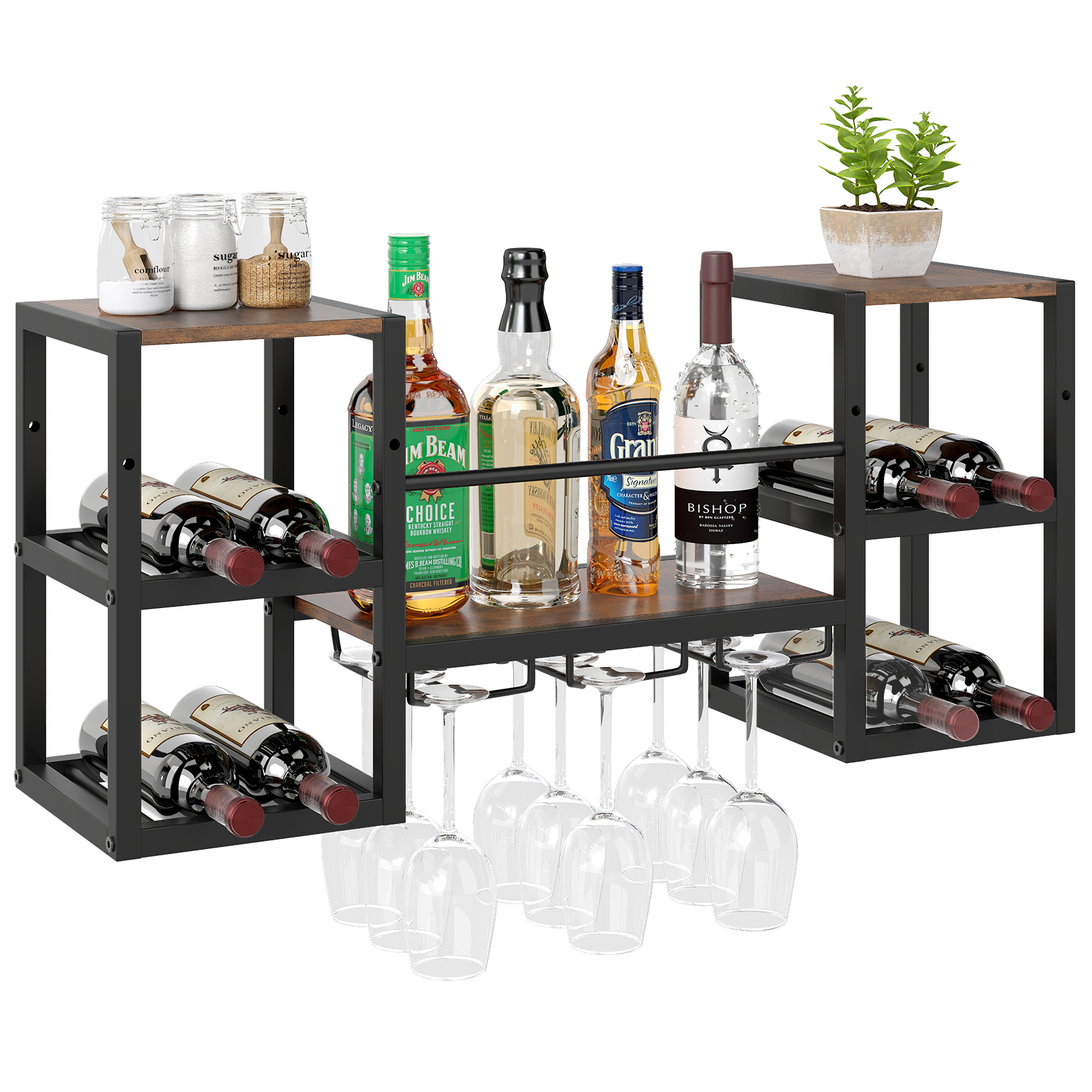 Costway Wandgemonteerde Wijnrek met Glazenhouder Zware Metalen Frame 8-flessenhouder met Open Plank Rustiek Bruin