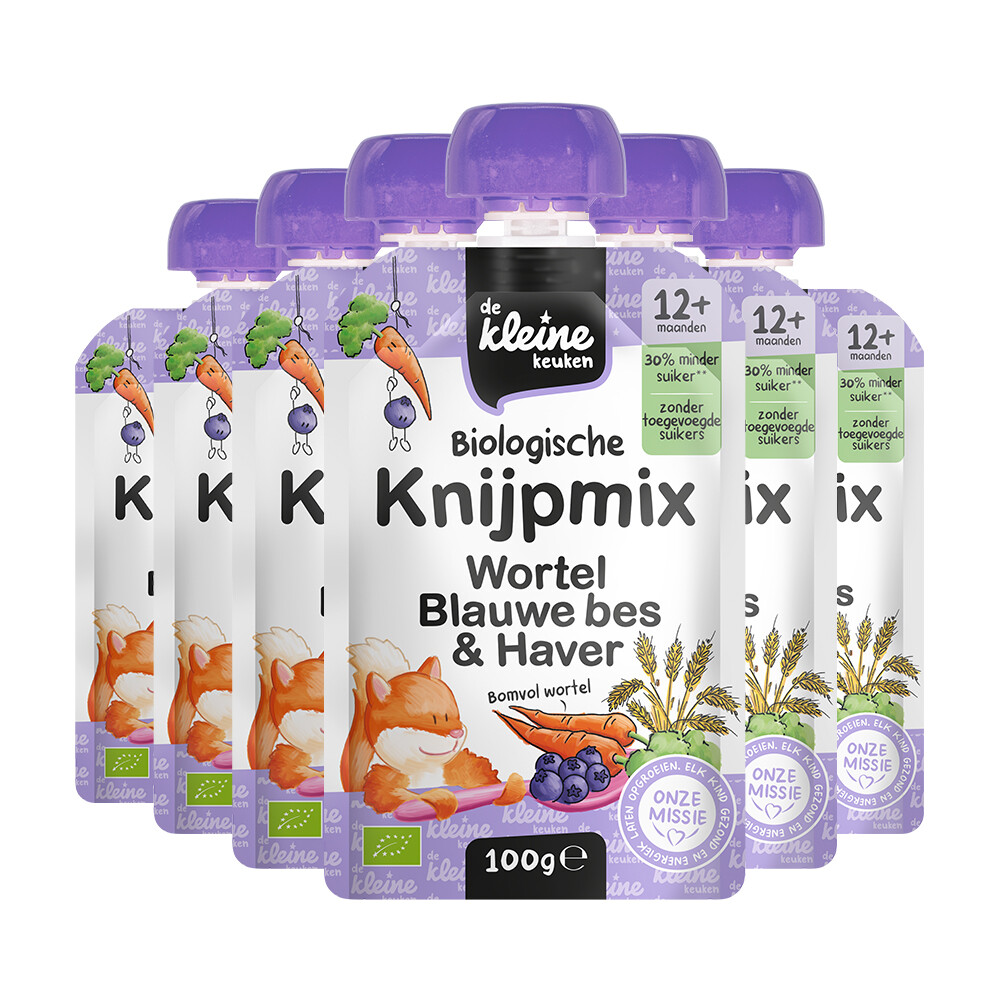 De Kleine Keuken 6x  Bio Knijpmix 12+m Wortel Blauwe bes Haver 100 gr