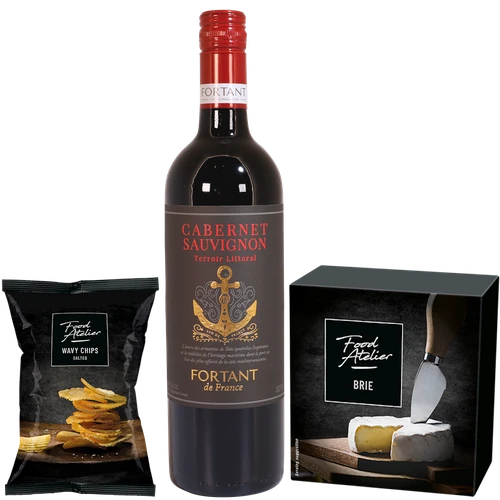 Boeketcadeau Kerstgeschenk Rode wijn - brie - chips