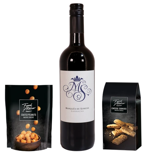 Boeketcadeau Kerstgeschenk rode-wijn-kaaskoekjes-borrelnootjes