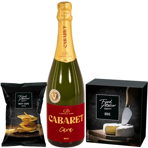 Boeketcadeau Kerstpakket Cava cabaret - brie - chips