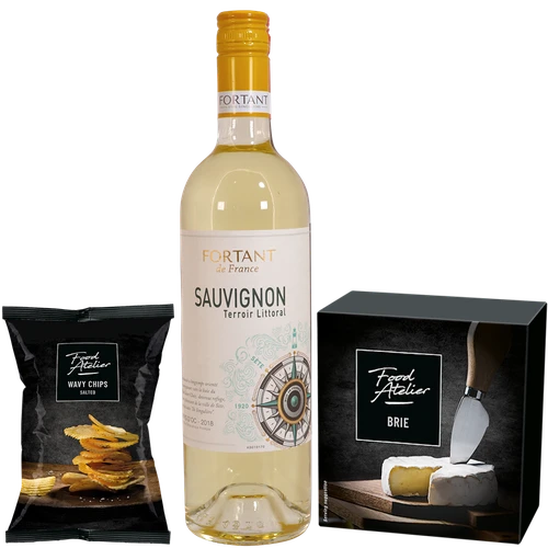 Boeketcadeau Kerstgeschenk Witte wijn - brie - chips
