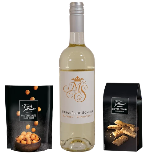 Boeketcadeau Kerstgeschenk witte-wijn-kaaskoekjes-borrelnootjes