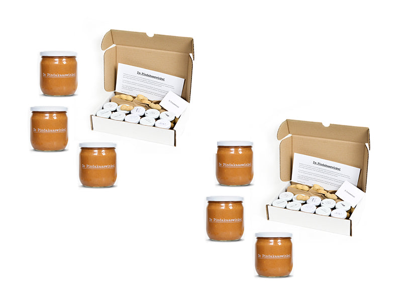 De Pindakaaswinkel 2 Proefpakketten plus 6 potten pindakaas (2x Chilipeper Citroengras, 2x Dadel Kaneel en 2x Karamel Zeezout)