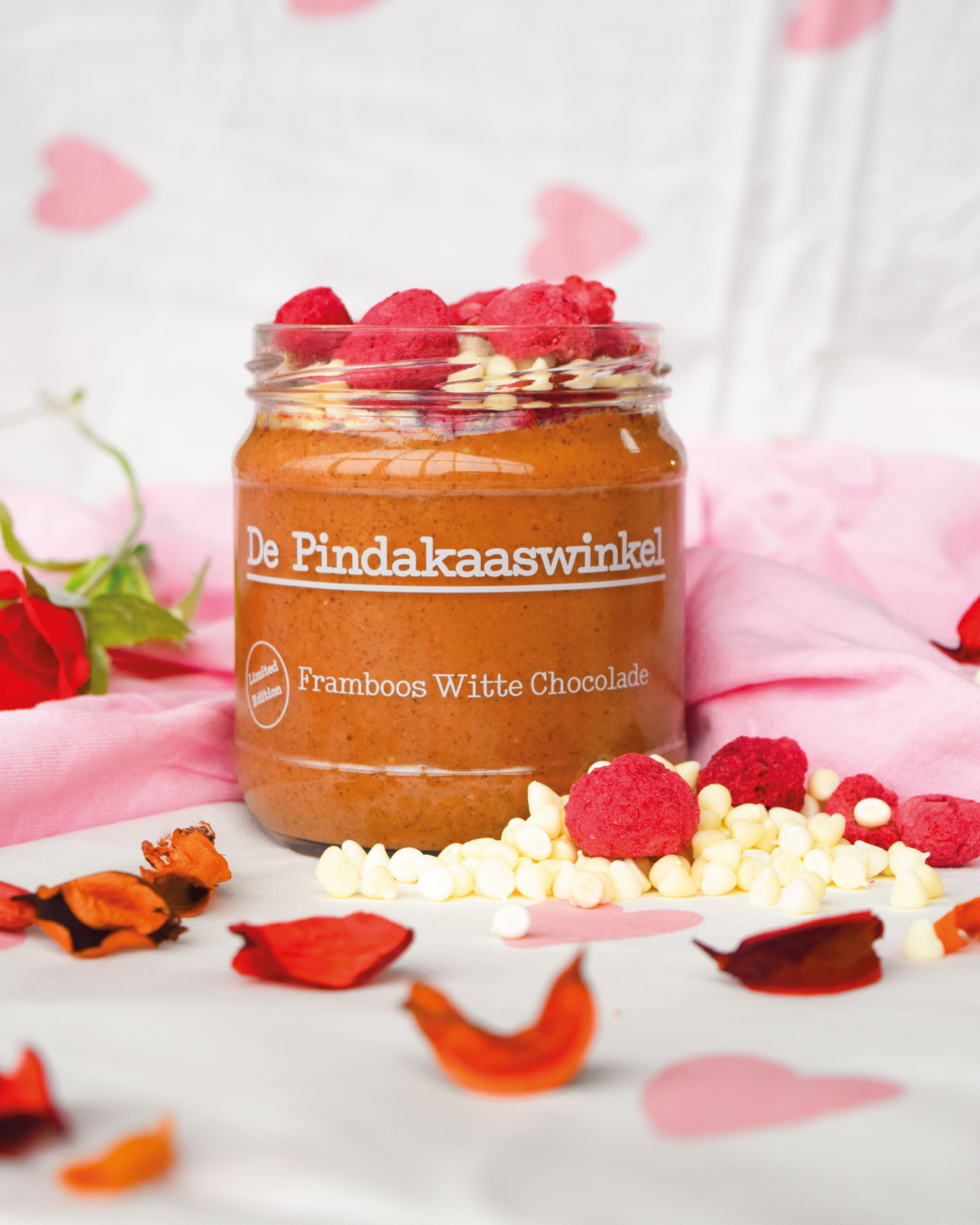 De Pindakaaswinkel Tijdelijk product - Valentijn Framboos & Witte Chocolade