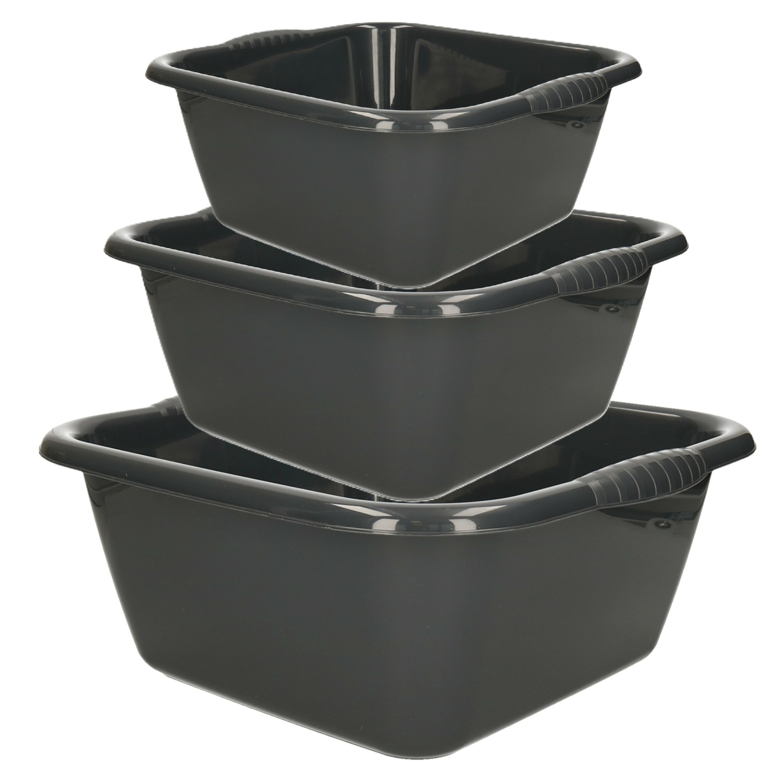 PlasticForte 3x huishoud teilen set - afwasbak - kunststof - 6-10-15 liter - antraciet - schoonmaken -