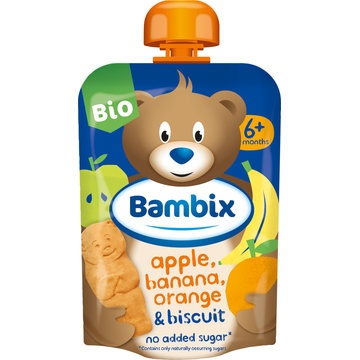 Bambix ambix Knijpzakje Appel, Banaan, Sinaasappel & Koekjes Bio 6M+ 100g bij Jumbo