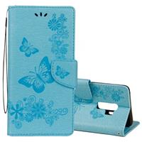 huismerk Voor Galaxy S9 PLUS Vintage reliëf bloemen vlinder patroon horizontale Flip lederen draagtas met kaartslot & houder & portemonnee & Lanyard(Blue)