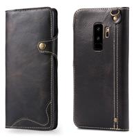 Voor Galaxy S9 Plus Denior Oil Wax Cowhide Magnetic Button Horizontal Flip Leather Case with Card Slots & Wallet(Black)