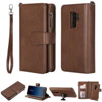 huismerk Voor Galaxy S9 Plus 2 in 1 Solid Color Zipper Shockproof Protective Case met Card Slots & Bracket & Photo Holder & Wallet Function(Brown)