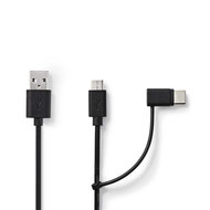 Nedis 2-in-1 sync- en oplaadkabel | USB-A Male - USB micro-B / Type-C Male | 1,0 m | Zwart