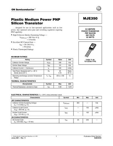 onsemiconductor ON Semiconductor Transistor (BJT) - discreet MJE350 TO-225AA Aantal kanalen 1 PNP
