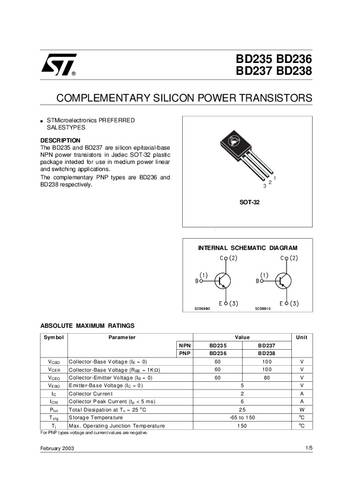 STMicroelectronics Transistor (BJT) - discreet BD237 SOT-32-3 Aantal kanalen 1 NPN