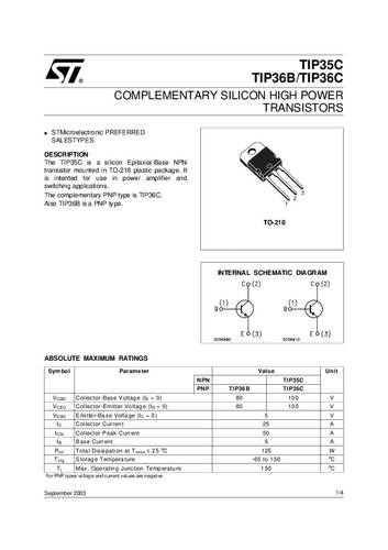 stmicroelectronics Transistor (BJT) - discreet TIP36C TO-247-3 Aantal kanalen 1 PNP