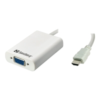 Sandberg HDMI to VGA+Audio Converter. Aansluiting 1: HDMI, Aansluiting 2: VGA, micro-USB, 3.5mm. Kleur van het product: Wit