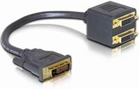 DeLOCK Adapter DVI25 M > 2x DVI25 F. Aansluiting 1: DVI-I, Aansluiting 2: DVI-25. Lengte snoer: 0,2 m, Kleur van het product: Zwart