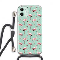 CaseCompany Flamingoprint groen: iPhone 11 Transparant Hoesje met koord