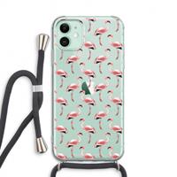 CaseCompany Flamingoprint groen: iPhone 11 Transparant Hoesje met koord