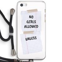 CaseCompany No Girls Allowed Unless: iPhone 5 / 5S / SE Transparant Hoesje met koord