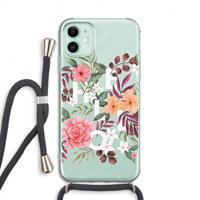 CaseCompany Hello in flowers: iPhone 11 Transparant Hoesje met koord