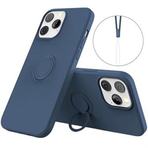 iPhone 13 Pro Max vloeibaar siliconen hoesje met ringhouder - blauw