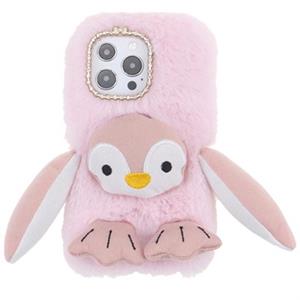 Fluffy Plush iPhone 13 Pro Hybrid Case - Pink Penguin