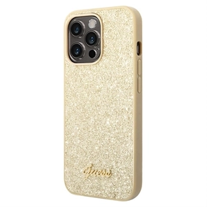 Guess Glitter Flakes Metal Logo iPhone 14 Pro Hybride Hoesje - Goud