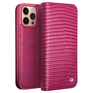 Qialino iPhone 14 Pro Wallet Leren Hoesje - Krokodil - Hot Pink