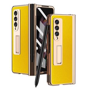 For Samsung Galaxy Z Fold3 5G Electroplated Hinge Pen Slot Cross Phone Case(Yellow)