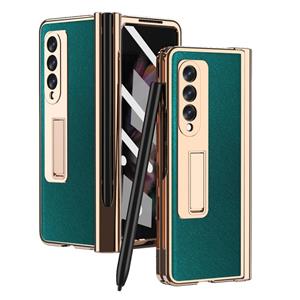 For Samsung Galaxy Z Fold3 5G Electroplated Hinge Pen Slot Cross Phone Case(Green)