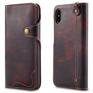 For iPhone X / XS Denior Oil Wax Cowhide Magnetic Button Horizontal Flip Leather Case with Card Slots & Wallet(Dark Red)