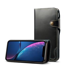 Voor iPhone XR Denior Oil Wax Cowhide Magnetic Button Horizontal Flip Leather Case with Card Slots & Wallet(Dark Blue)