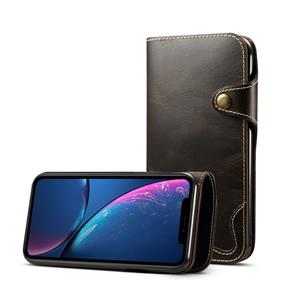 Voor iPhone XR Denior Oil Wax Cowhide Magnetic Button Horizontal Flip Leather Case with Card Slots & Wallet(Brown)