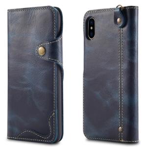 Voor iPhone XS Max Denior Oil Wax Cowhide Magnetic Button Horizontal Flip Leather Case with Card Slots & Wallet(Dark Blue)