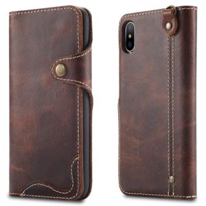 Voor iPhone XS Max Denior Oil Wax Cowhide Magnetic Button Horizontal Flip Leather Case with Card Slots & Wallet(Brown)