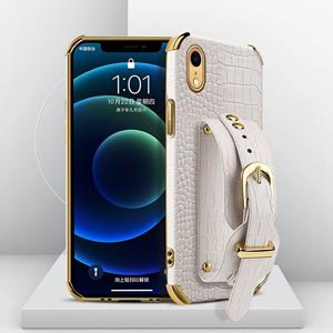 huismerk Gegalvaniseerde TPU Crocodile Patroon Lederen Case met Polsband voor iPhone XR (Wit)