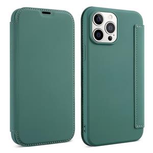 Huid voelen horizontale flip PU lederen geval met houder en kaartsleuf voor iPhone 13 Pro (diep groen)