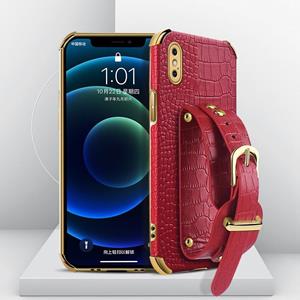 Gegalvaniseerde TPU Crocodile Patroon Lederen Case met Polsband voor iPhone XS Max (Rood)