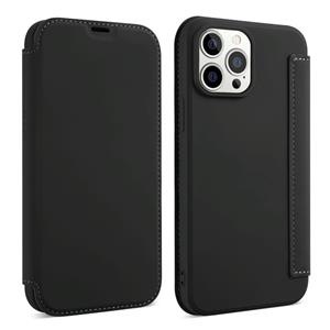 Huid voelen horizontale flip PU lederen geval met houder en kaartsleuf voor iPhone 13 Pro (zwart)