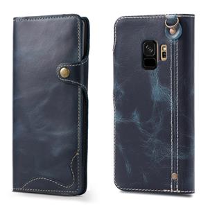 Voor Galaxy S9 Denior Oil Wax Cowhide Magnetic Button Horizontal Flip Leather Case with Card Slots & Wallet(Dark Blue)