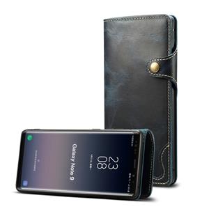 Voor Galaxy Note9 Denior Oil Wax Cowhide Magnetic Button Horizontal Flip Leather Case with Card Slots & Wallet(Dark Blue)