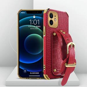 huismerk Gegalvaniseerde TPU krokodil patroon lederen geval met polsband voor iPhone 12 mini (rood)