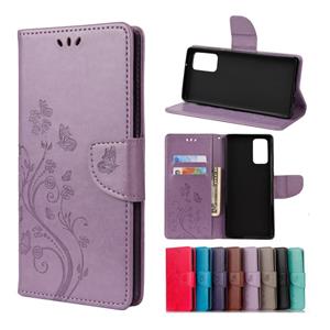 huismerk Voor Samsung Galaxy Note20 Butterfly Flower Embossing Horizontale Flip Lederen Case met Holder & Card Slots & Wallet(Light Purple)