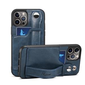 TPU + PU lederen schokbestendige beschermhoes met kaartsleuven en handriem voor iPhone 13 mini (blauw)