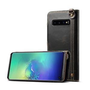 Voor Galaxy S10 Denior Oil Wax Cowhide Magnetic Button Horizontal Flip Leather Case with Card Slots & Wallet(Black)