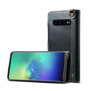 Voor Galaxy S10 Denior Oil Wax Cowhide Magnetic Button Horizontal Flip Leather Case with Card Slots & Wallet(Dark Blue)